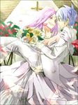  1girl bare_shoulders blue_eyes blue_hair bridal_veil carrying couple dress elbow_gloves formal gloves hetero kuroko_no_basuke kuroko_tetsuya long_hair momoi_satsuki pink_hair princess_carry red_eyes short_hair smile suit veil wedding_dress yoshiaki_(walnut44fall) 