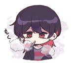  1boy chibi chibi_only collarbone_piercing commentary_request earrings esse_series highres hitani_(esse_series) jewelry lapels male_focus okudo61 red_eyes shirt simple_background single_off_shoulder smoke smoking solo striped_clothes striped_shirt tareme white_background 