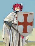  1girl armor blue_sky cape chainmail cross cross_hair_ornament cross_necklace drill_hair evil_grin evil_smile facing_viewer grin gurnerk hair_ornament highres holding holding_sword holding_weapon jewelry kasane_teto knight looking_at_viewer medieval mittens necklace number_print red_cross red_eyes red_hair scabbard sheath shield sky smile sword tunic twin_drills utau weapon white_cape 