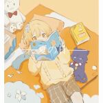  1girl alternate_costume animalization aran_sweater black_cat blue_flower book border bow bowtie box brown_shorts cable_knit cardboard_box casual cat checkered_clothes checkered_shorts commentary contemporary feather_hair_ornament feathers flower genshin_impact hair_flower hair_ornament holding holding_book kosokawa light_blush long_sleeves lumine_(genshin_impact) lying multicolored_flower on_back open_book pillarboxed pom_pom_(clothes) reading red_bow red_bowtie scaramouche_(cat)_(genshin_impact) scaramouche_(genshin_impact) short_hair short_hair_with_long_locks shorts sidelocks sketch string stuffed_animal stuffed_toy sweater tareme translation_request untranslatable_commentary white_border white_feathers white_flower yellow_eyes yellow_sleeves yellow_sweater 