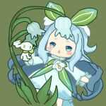  1girl absurdres blue_eyes blue_hair blush blush_stickers chibi chinese_commentary commentary_request dress flower full_body green_background highres leaf lily_of_the_valley long_hair long_sleeves open_mouth plant roco_kingdom roco_kingdom:_world short_eyebrows simple_background solo very_long_hair white_dress white_flower xueying_wawa_(lily_of_the_valley)_(roco_kingdom:_world) zhu_zao_shui 