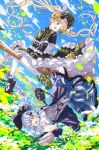  2girls :d asymmetrical_footwear bag bird_hat_ornament black_bag black_bow black_bowtie black_capelet black_flower black_hat black_rose black_shoes blonde_hair blue_hair blue_necktie blue_skirt bonnet bow bow_flower bowtie braid braided_hair_rings broom broom_riding capelet collared_shirt commentary_request deerstalker dress flower flower-trimmed_dress flower-trimmed_skirt flying frilled_capelet frilled_dress frilled_skirt frilled_sleeves frills green_bonnet green_eyes green_shoes grey_vest hair_bow hair_flower hair_ornament hair_rings hat hat_bow highres holding holding_magnifying_glass layered_dress layered_skirt lolita_fashion long_hair long_sleeves magnifying_glass mahou_shoujo_no_majo_saiban mismatched_footwear multiple_girls necktie open_mouth plaid_clothes plaid_skirt rose shirt shoes short_hair skirt sky smile socks tachibana_sherry tatsunami1379 tono_hanna twintails two-tone_dress vest white_flower white_rose white_shirt white_socks wide_sleeves winged_hat yellow_eyes yellow_flower yellow_rose 