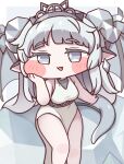  1girl armpits chibi commentary_request crown daya_(trickcal) dragon_girl dragon_horns dragon_tail dragon_wings dress earrings fang fewer_digits grey_eyes highres horns jewelry looking_at_viewer open_mouth pointy_ears sitting sitting_on_object sleeveless solo suwa_yasai tail trickcal white_dress wings 