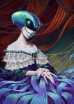  1girl absurdres blue_nails blush colored_skin commentary curtains deltarune dress english_commentary eyelashes highres mole mole_under_eye painterly queen_(deltarune) scallybag01 smile solo utdr_(toby_fox) white_skin wire 