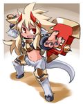  animal_ears gigi_grimheart horns kugelschreiber open_mouth red_eyes shinrabanshou smile solo tail weapon 