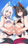  2girls absurdres ahoge animal_ear_fluff animal_ears aqua_eyes bikini black_bikini black_hair blue_sky blush braid breast_press breasts cleavage closed_mouth commentary_request dark_persona day double-parted_bangs dual_persona fox_ears fox_girl fox_tail hair_between_eyes halterneck highleg highleg_bikini highres hiro_(phese) hololive kurokami_fubuki lens_flare long_hair looking_at_viewer low_ponytail multi-strapped_bikini_bottom multi-strapped_bikini_top multicolored_hair multiple_girls open_mouth outdoors pentagram ponytail red_eyes red_streaks shirakami_fubuki side-tie_bikini_bottom side_braid single_braid sky stomach streaked_hair swimsuit symmetrical_docking tail virtual_youtuber white_bikini white_hair 