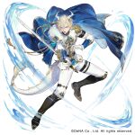  1boy aiguillette black_boots blonde_hair blue_cape blue_gem boots brooch cape commentary_request copyright_notice dragon_horns dragon_tail dynamic_pose epaulettes fighting_stance frilled_sleeves frills full_body fur-trimmed_cape fur_trim gem gold_trim gyakuten_othellonia hair_between_eyes highres holding holding_sword holding_weapon horns jacket jewelry knee_boots looking_at_viewer male_focus mandarin_collar military_uniform official_art open_mouth othellonia pants sei_(_mo1008) serious short_hair side_cape simple_background sleeve_cuffs solo spade_(shape) standing sword tail thigh_strap water weapon white_background white_horns white_jacket white_pants white_tail 