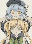  2girls absurdres black_bow black_bowtie black_capelet black_hat blonde_hair blue_hair bow bow_flower bowtie braid braided_hair_rings capelet closed_mouth commentary_request deerstalker double_v frilled_sleeves frills green_eyes hair_rings hat hat_bow highres korean_commentary long_hair long_sleeves mahou_shoujo_no_majo_saiban misaame multiple_girls pout short_hair simple_background smile tachibana_sherry tono_hanna twintails v white_background yellow_eyes yuri 