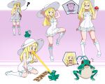  1boy 1girl ? absurdres bag blonde_hair body_switch captain_ginyu closed_mouth commentary crossover dragon_ball dragon_ball_z dress duffel_bag energy_beam frog ginyu1992 green_eyes hand_on_headwear hat highres holding holding_poke_ball knees leg_up lillie_(pokemon) long_hair looking_down multiple_views outstretched_arm personality_switch poke_ball poke_ball_(basic) poke_ball_print pokemon pokemon_sun_and_moon possessed shoes sleeveless sleeveless_dress socks standing sun_hat trembling white_dress white_hat white_socks 