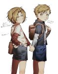  2boys aged_down ahoge alphonse_elric backpack bag blonde_hair blue_shorts brothers brown_bag child closed_mouth curtained_hair dyga2tu4 edward_elric from_side fullmetal_alchemist grey_shorts highres layered_sleeves long_sleeves looking_at_viewer looking_to_the_side male_focus multiple_boys red_shirt shirt short_hair short_over_long_sleeves short_sleeves shorts siblings simple_background standing translation_request twitter_username white_background white_shirt yellow_eyes 