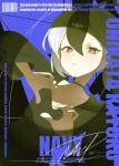  1girl alternate_costume black_choker black_hair black_shirt blue_archive blue_background choker collarbone dutch_angle ememo flat_chest grey_horns hair_between_eyes heart heart_hands highres horns kayoko_(blue_archive) looking_at_viewer multicolored_hair open_mouth red_eyes shirt simple_background solo spotlight two-tone_hair upper_body white_hair 