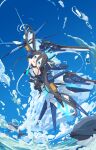  1girl absurdres aris_(armed)_(blue_archive) aris_(blue_archive) blue_archive blue_halo blue_necktie blue_sky breasts cloud commentary_request day dolphin double-parted_bangs flying force_(fossan_01) hair_between_eyes halo highres leotard long_hair long_hair_between_eyes mechanical_wings necktie ocean official_alternate_costume official_alternate_hairstyle open_mouth outdoors rectangular_halo ringed_eyes short_necktie sky small_breasts solo twintails very_long_hair white_leotard wings 
