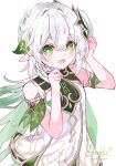  1girl absurdres bare_shoulders blush commentary cross-shaped_pupils detached_sleeves dress genshin_impact gold_trim green_eyes green_hair green_sleeves hair_between_eyes hair_ornament hands_up highres hitsuki_(ruon) leaf_hair_ornament long_hair looking_at_viewer multicolored_hair nahida_(genshin_impact) open_mouth pointy_ears signature simple_background sleeveless sleeveless_dress solo symbol-shaped_pupils twitter_username upper_body white_background white_dress white_hair 