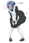  1boy androgynous apron blue_hair blush chinese_commentary commentary_request crossdressing crossdressing_(mtf) embarrassed green_eyes highres james_(pokemon) maid maid_apron maid_headdress male_focus male_maid nanxi635 pokemon pokemon_(anime) purple_hair trap white_background 