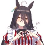  07nono06 1girl ahoge animal_ears black_bow black_hair blush bow closed_mouth commentary_request dress ear_tag earrings employee_uniform fast_food_uniform four-finger_heart_hands hair_between_eyes heart heart_hands highres horse_ears horse_girl jewelry kfc long_bangs long_hair long_hair_between_eyes looking_at_viewer manhattan_cafe_(umamusume) multicolored_hair official_alternate_costume red_dress short_sleeves single_earring smile solo striped_clothes striped_dress umamusume upper_body vertical-striped_clothes vertical-striped_dress white_hair white_wrist_cuffs wrist_cuffs yellow_eyes 