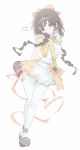  1girl absurdres alternate_costume braid brown_hair dress full_body highres idol looking_at_viewer oo_ttdtrw saihate_eki short_dress simple_background solo tenjiku_aoi thighhighs twin_braids white_background white_thighhighs yellow_dress 