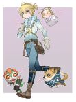  1girl 2boys :3 bandaged_chest bandaged_neck bandages belt blonde_hair blue_pants blue_shirt brown_belt bruise bruised_eye commentary_request dog frilled_gloves frills full_body gloves green_eyes half-closed_eye highres identity_v injury leg_brace luca_balsa luca_balsa_(moon_bound) luchino_(identity_v) male_focus memory_(identity_v) memory_(source_of_evil)_(identity_v) multiple_boys nikunikuoda official_alternate_costume pants shirt 