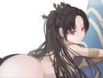  1girl armlet ass asymmetrical_sleeves bare_shoulders bikini black_hair breasts closed_mouth commentary_request earrings fate/grand_order fate_(series) hair_ribbon heavenly_boat_maanna highres hoop_earrings ishtar_(fate) jewelry long_hair looking_at_viewer minmin_prime mismatched_bikini neck_ring parted_bangs red_eyes ribbon simple_background smile solo swimsuit thong tiara two_side_up white_background 