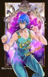  1boy 1girl anty0ni blue_hair blue_overalls breasts cleavage collarbone commentary commentary_request dragon's_dream english_text fighting_stance foo_fighters_(jojo) grey_hair hair_between_eyes highres jojo_no_kimyou_na_bouken kenzo medium_breasts old old_man overalls pointy_ears red_eyes short_hair stand_(jojo) standing standing_on_liquid stone_ocean wristband yellow_eyes 
