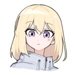  1girl at_09098 bang_dream! bang_dream!_it's_mygo!!!!! blonde_hair closed_mouth commentary_request korean_commentary looking_at_viewer medium_hair misumi_uika portrait purple_eyes simple_background solo white_background zipper_pull_tab 
