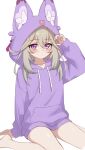  1girl absurdres animal_ear_hood animal_hood astroglia_cyte barefoot commentary_request cosplay crossed_bangs drawstring expressionless fox_hood grey_hair hair_between_eyes hand_on_own_head hand_up highres hood hood_up hoodie looking_at_viewer mashu-tan mashu-tan_(cosplay) medium_hair meitantei_precure! moria_luluka precure purple_eyes purple_hoodie simple_background sitting sleeves_past_wrists solo wariza white_background 