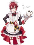  1boy 2mugi absurdres adapted_costume apron bishounen black_dress clothing_cutout commentary_request crossdressing crossdressing_(mtf) dress hand_on_own_hip heart_cutout highres maid male_focus male_maid red_hair riddle_rosehearts short_hair solo tray twisted_wonderland white_apron white_background 
