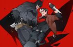  2boys batman batman_(series) batman_symbol belt black_bodysuit black_cape black_gloves black_hair blossviaryl blue_eyes bodysuit brown_jacket bruce_wayne cape cowl dc_comics gloves grey_bodysuit highres holding jacket jason_todd male_focus mask multicolored_bodysuit multicolored_hair multiple_boys muscular muscular_male open_clothes pants pectorals red_background red_hood_(dc) red_hood_and_the_outlaws short_hair superhero_costume tight_clothes two-tone_bodysuit two-tone_hair utility_belt 