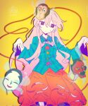  1girl 670uu bow bowtie ghost_pose hata_no_kokoro long_hair long_sleeves looking_at_viewer mask mask_on_head monkey_mask noh_mask oni_mask orange_skirt pink_bow pink_bowtie pink_eyes pink_hair plaid_clothes plaid_shirt shirt skirt skirt_cutout solo sweatdrop touhou very_long_hair wide_sleeves yellow_background 