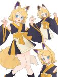  1girl amatsu_kitsune_(vocaloid) animal_ear_fluff animal_ears blonde_hair blue_eyes blush clothing_request commentary_request detached_sleeves dot_nose fox_ears fox_girl fox_tail hair_ornament hairclip highres japanese_clothes kagamine_rin komori_kamome looking_at_viewer multiple_views open_mouth simple_background tail teeth upper_teeth_only vocaloid white_background wide_sleeves wing_collar yellow_trim 