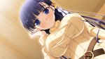  1girl belt black_hair blue_eyes breasts brown_belt ceiling closed_mouth cross_hair_ornament dutch_angle from_below game_asset hair_ornament hairclip highres impossible_clothes impossible_sweater indoors kirishima_saki_(konakana) konakana_2:_konata_yori_kanata_made_ii large_breasts light_smile long_hair long_sleeves looking_at_viewer looking_down minase_(dragon_panda) non-web_source pov self-datamine smile solo sweater tucking_hair turtleneck turtleneck_sweater yellow_sweater 
