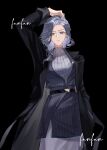  1girl arm_at_side arm_up black_background black_coat chinese_commentary coat commentary_request commission cowboy_shot dress fanbufan grey_hair highres lapels looking_at_viewer love_curse:_find_your_soulmate mole mole_under_eye solo striped_clothes striped_dress vertical-striped_clothes vertical-striped_dress victoria_qi 