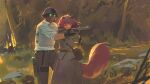  1boy 1girl absurdres aiming animal_ears artist_name bag belt brown_pants coat commentary english_commentary fluffy_tail forest gas_mask gloves glowing glowing_eyes green_eyes gun helmet highres holster icemarv14 mask nature one_eye_closed original outdoors overcoat painterly pants pink_eyes pink_hair rifle satchel shirt sidelighting sleeves_rolled_up smile thigh_holster tongue tongue_out weapon white_shirt 