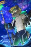  1boy abs absurdres artist_name blush bulge claws closed_mouth commentary_request fang fang_out fingerless_gloves from_below furry furry_male gloves goggles goggles_on_head highres holding holding_staff hyena_boy hyena_ears hyena_tail live_a_hero looking_at_viewer looking_down male_focus mixed-language_commentary navel neirulysor nipples pawpads pectorals roiker_(live_a_hero) single_fingerless_glove single_glove smile staff toned toned_male 