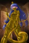  1girl adapted_costume blue_eyes blue_hair blush bodysuit collared_shirt commentary_request commission dual_wielding earrings facial_mark gold_bodysuit gold_headdress gold_mask gold_shirt gold_shorts gold_thighhighs hair_ornament hieroglyphics highres holding holding_scepter jewelry key_earrings latex latex_bodysuit latex_shirt latex_shorts latex_thighhighs looking_at_viewer mask michigami_nareko mouth_mask paid_reward_available riretsuto scepter shirt short_sleeves shorts skeb_commission skindentation solo sphere_hair_ornament thighhighs touhou triangle triangle_facial_mark usekh_collar variant_set 
