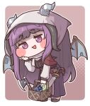  1girl axe belt_pouch black_horns black_sweater_vest blanchet_(trickcal) brown_shoes capelet chibi commentary_request dragon_horns dragon_tail dragon_wings fake_horns fake_wings hand_on_own_face headscarf highres horns long_hair meluna_(trickcal) open_mouth pouch purple_eyes purple_skirt red_capelet shirt shoes sist_(trickcal) skirt suwa_yasai sweater_vest sword tail trickcal very_long_hair weapon white_headscarf white_shirt wings 