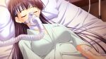  1girl bandaged_neck bandages bed bed_sheet black_hair blue_kimono closed_eyes dutch_angle from_above game_asset hands_on_own_legs head_on_pillow highres hospital hospital_bed hospital_gown intravenous_drip japanese_clothes kimono kirishima_saki_(konakana) konakana_2:_konata_yori_kanata_made_ii long_hair lying minase_(dragon_panda) non-web_source on_back on_bed oxygen_mask pillow self-datamine sleeping tube 