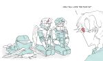  4girls angel angel_wings beret blue_gloves bow braid bulletproof_vest chiyo_(love-bullet) commentary cupid elbow_brace ena_(love-bullet) english_commentary english_text feathered_wings fingerless_gloves full_body gloves hair_bow hair_ornament hairclip hat highres in_trouble_template_(meme) kanna_(love-bullet) knee_pads kneeling koharu_(love-bullet) love-bullet meme multicolored_hair multiple_girls pants scolding sleeves_rolled_up streaked_hair stugichi sunglasses sweat through_ground white_background wings 