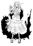  1girl apron arm_ribbon between_fingers commentary_request english_text full_body greyscale haniyasushin_keiki headscarf highres holding holding_tool long_hair looking_at_viewer monochrome object_in_pocket open_mouth pocket ribbon sandals smile solo tools touhou wafusub_3 wood_carving_tool 