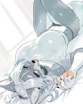  1girl :p animal_ear_fluff animal_ears animal_nose black_collar black_nails black_panties blue_eyes blue_hair blue_streaks breasts claws collar commentary_request curtained_hair furry furry_female grey_fur hair_tie highres huge_breasts indoors knees_up looking_at_viewer lying midriff multicolored_hair navel on_back on_bed ookamiwaho original panties parted_bangs pawpads ponytail shirt single_off_shoulder snout solo streaked_hair striped_blush sweat tail taut_clothes taut_shirt thick_thighs thighs tongue tongue_out two-tone_fur underwear white_fur white_hair white_shirt wolf_ears wolf_girl wolf_tail 