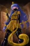  1girl adapted_costume black_bodysuit black_mask black_thighhighs blue_eyes blue_hair blush bodysuit brown_shirt brown_shorts collared_shirt commentary_request commission dual_wielding earrings facial_mark gold_headdress hair_ornament hieroglyphics highres holding holding_scepter jewelry key_earrings latex latex_bodysuit latex_shirt latex_shorts latex_thighhighs looking_at_viewer mask michigami_nareko mouth_mask paid_reward_available riretsuto scepter shirt short_sleeves shorts skeb_commission skindentation solo sphere_hair_ornament thighhighs touhou triangle triangle_facial_mark usekh_collar variant_set 