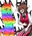  +++ 2girls absurdres agnes_tachyon_(umamusume) ahoge angry animal_ears apron bow bowtie braid breasts brown_hair chemical_structure cleavage constricted_pupils crossed_arms ear_ornament earrings english_text fangs fur-trimmed_shorts fur_trim glowing hair_between_eyes hair_ornament hairclip half_up_half_down_braid hand_on_own_stomach highres horse_ears horse_girl horse_tail jewelry jungle_pocket_(umamusume) kfc laughing medium_hair multiple_earrings multiple_girls nagai_negi open_clothes open_shirt pants pinstripe_pattern rainbow red_apron red_bow red_bowtie red_eyes red_pants red_vest shirt short_sleeves shorts simple_background single_earring sleeves_rolled_up small_breasts tachyon's_shady_new_drug_(umamusume) tail vest white_apron white_background white_shirt 