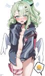  1girl absurdres backpack bag bikini black_bikini black_choker blush breasts check_commentary choker commentary_request covering_privates green_eyes green_hair grey_jacket hair_ornament hairclip highres jacket jacket_tug long_hair long_sleeves looking_at_viewer meme micro_bikini multiple_hairclips navel open_mouth ponytail sak_(lemondisk) small_breasts solo sunna_(zenless_zone_zero) swimsuit thigh_strap thighs uohhhhhhhhh!_(meme) white_wings winged_bag wings zenless_zone_zero 