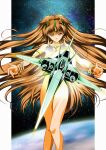  1girl alien blue_eyes breasts brown_hair commentary_request commission crown earth_(planet) energy_field expressionless gaiares game_console glowing headgear jewelry long_hair looking_at_viewer medium_breasts mother_earth nebula nude photoshop_(medium) planet queen queen_of_leezaluth realistic science_fiction sega_mega_drive space spacecraft star_(sky) starfighter thrusters tomo5656ky very_long_hair 