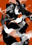  1girl absurdres animal_ears black_hair black_nails colored_skin commentary_request from_side fur_shawl highres holding holding_smoking_pipe long_hair looking_at_viewer manodemarina original qr_code red_background red_eyes shawl signature smile smoking_pipe solo twitter_username white_skin 