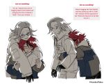  2boys aotsuki_eito blue_eyes blush closed_eyes commentary english_commentary glasses grey_hair grey_jacket grin height_difference highres hug hug_from_behind hundredtakus jacket male_focus multicolored_hair multiple_boys red_hair smile strawpage streaked_hair sumino_takumi the_hundred_line_-last_defense_academy- white_jacket yaoi 