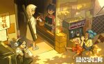  2girls 3boys absurdres arcade_cabinet barcode_scanner basketball_uniform black_hair blue_hair box can cardboard_box cash_register cashier chain-link_fence character_request chibi chibi_only child chinese_commentary chips_(food) closed_eyes commentary_request convenience_store copyright_name crocs drinking drinking_straw false_memory fence food guan_chao_(false_memory) headband headphones highres holding holding_can jacket looking_at_another multiple_boys multiple_girls pao_pao_(false_memory) ponytail potato_chips qin_wang_(false_memory) sanwenshi shop shorts sitting snot sportswear store_clerk tank_top traffic_cone tree_shade white_hair white_jacket yi_(false_memory) 
