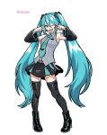  1girl aqua_belt aqua_eyes aqua_hair aqua_necktie aqua_trim armpits artist_name bare_shoulders belt black_boots black_skirt black_sleeves black_thighhighs boots clidzs collared_shirt commentary_request detached_sleeves double_v grey_shirt hair_between_eyes hair_ornament hatsune_miku hatsune_miku_(vocaloid6) heart heart_hair_ornament highres long_hair necktie number_tattoo one_eye_closed portuguese_commentary shirt shoulder_tattoo sidelocks simple_background skirt solo striped_clothes striped_shirt tattoo thighhighs tie_clip twitter_username v vertical-striped_clothes vertical-striped_shirt very_long_hair vocaloid white_background wide_sleeves wing_collar zettai_ryouiki 