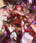  1girl bare_shoulders black_bridal_gauntlets black_thighhighs breasts bridal_gauntlets charon_(shadowverse) commentary_request copyright_name demon_girl demon_horns demon_wings dress hammer highres holding holding_hammer horns large_breasts liiko long_hair looking_at_viewer official_art open_mouth outdoors pink_hair red_dress red_eyes shadowverse shadowverse:_worlds_beyond short_dress smile solo standing thighhighs wings 
