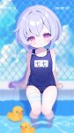  1girl :< absurdres alternate_costume arms_behind_back blue_one-piece_swimsuit blue_sky blurry braid braided_ponytail chain-link_fence character_name closed_mouth commentary_request day fence flat_chest fuminshou_(nekopan_art) genshin_impact head_tilt highres long_hair long_sleeves looking_at_viewer medium_hair name_tag navel one-piece_swimsuit outdoors pool poolside purple_hair qiqi_(genshin_impact) red_eyes rubber_duck sitting sky solo straight-on swimsuit timestamp translated 