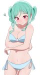  #yukitannpo 1girl absurdres arms_under_breasts bare_arms bare_legs bare_shoulders bikini blue_bikini blush braid breasts cleavage collarbone commentary_request facing_viewer highres legs_apart looking_down love_live! love_live!_superstar!! medium_breasts medium_hair navel nervous_smile onitsuka_tomari red_eyes side-tie_bikini_bottom simple_background smile solo stomach strapless strapless_bikini sweat swimsuit twin_braids white_background 